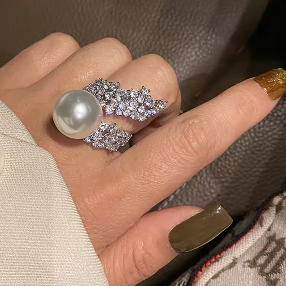 Luxe Pearl Diamond Wrap Ring | Statement Leaf Design | Adjustable - Picture 5 of 10